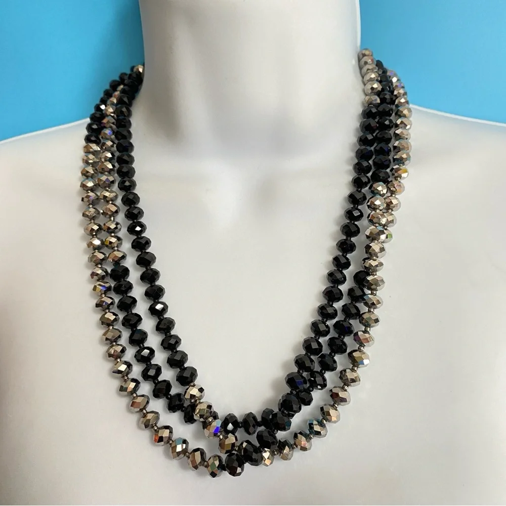 Glass Beads Necklace Faceted Black & Hematite Colored Beads Long Over-The-Head